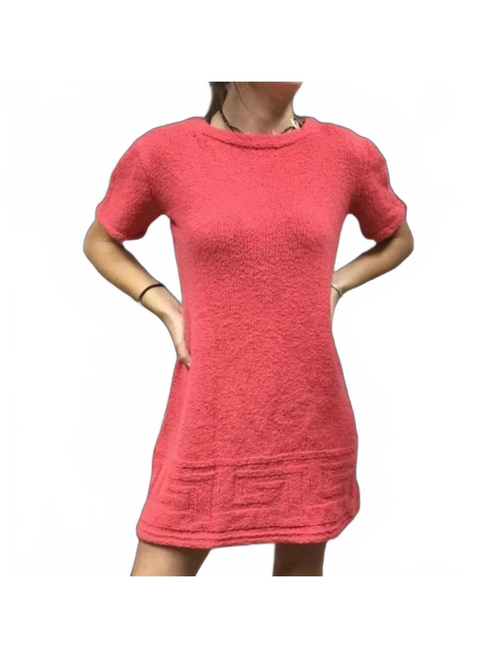 Vintage Coral Coastal Grandma Cozy Girl Retro Mini Knit Sweater Dress